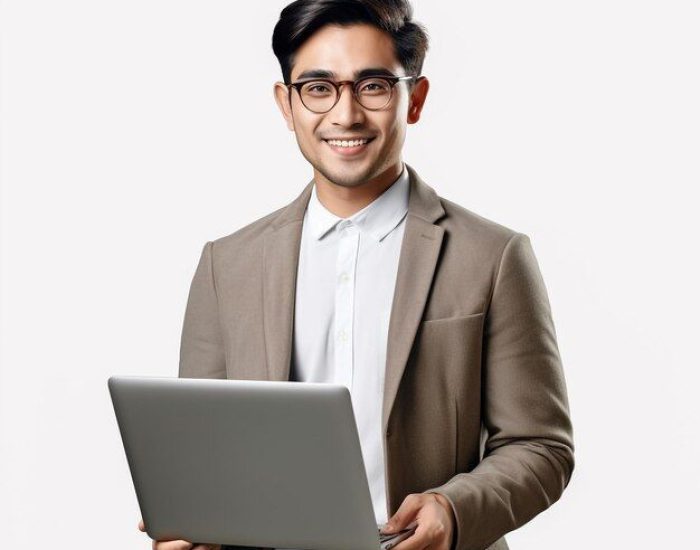 A happy freelancer sitting at his home office drinking coffee or tea and looking at the laptop _ Premium AI-generated image